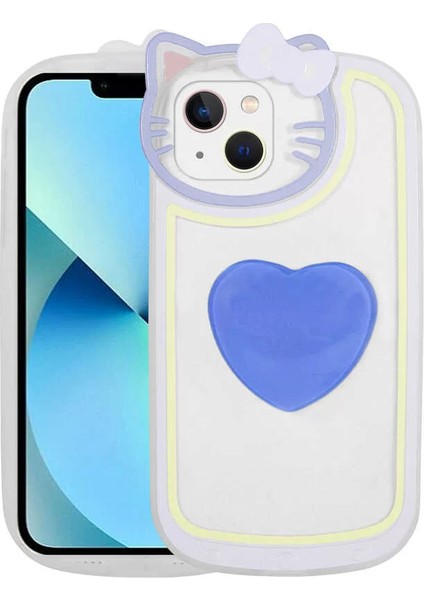 Apple iPhone 13 Kılıf Kedi Figürlü Transparan Pop Soketli Ritmik Kapak Mavi Telefon Kılıfı