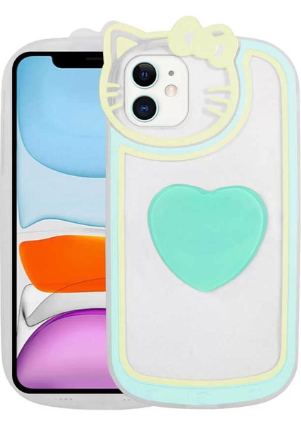 Apple iPhone 12 Kılıf Kedi Figürlü Transparan Pop Soketli Ritmik Kapak Turkuaz Telefon Kılıfı