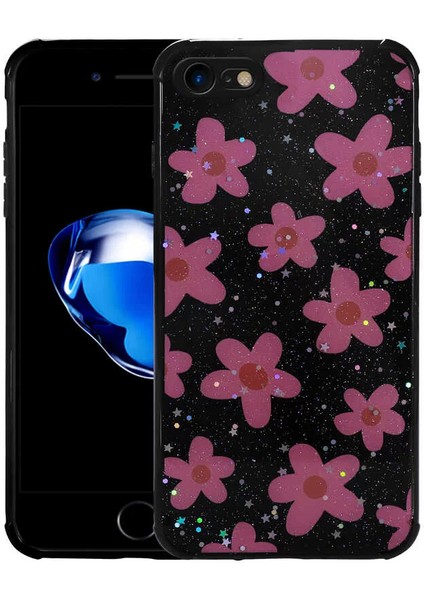 Apple iPhone Se 2020 Kılıf Simli Desenli Kamera Korumalı Parlak Popy Kapak Çiçek Telefon Kılıfı