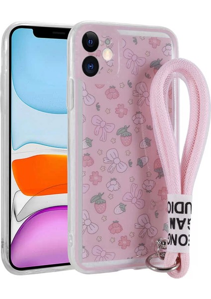 Apple iPhone 11 Kılıf Desenli El Askılı Ipli Astana Silikon Kapak Çilek Telefon Kılıfı