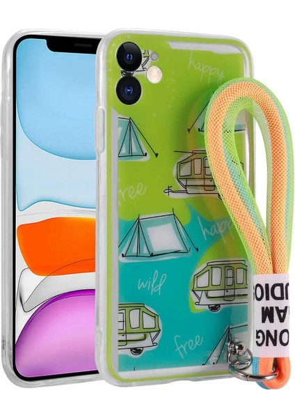 Apple iPhone 11 Kılıf Desenli El Askılı Ipli Astana Silikon Kapak Kamp Telefon Kılıfı