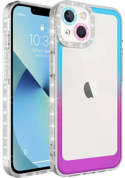 Apple iPhone 14 Kılıf Simli ve Renk Geçiş Tasarımlı Lens Korumalı Park Kapak Mavi-Mor Telefon Kılıfı
