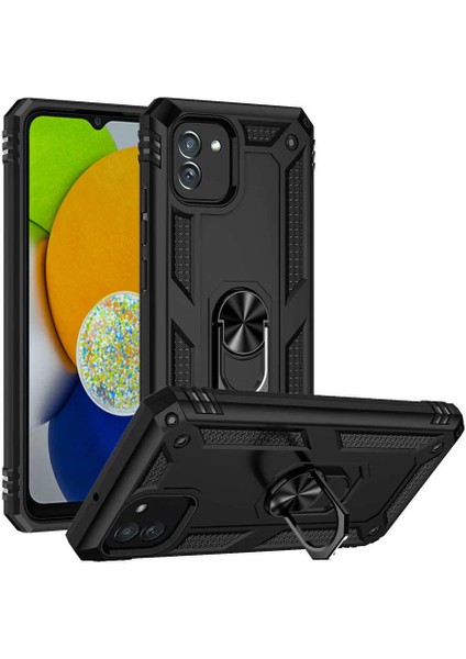 Samsung Galaxy A03 Kılıf Vega Yüzük Standlı Military Armor Ring Zırh Kapak Siyah Telefon Kılıfı