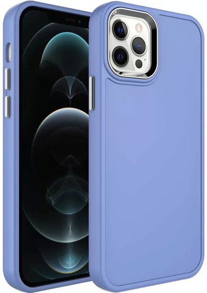 Apple iPhone 12 Pro Kılıf Metal Çerçeve ve Buton Tasarımlı Sert Botox Kapak Lavendery Gray Telefon Kılıfı