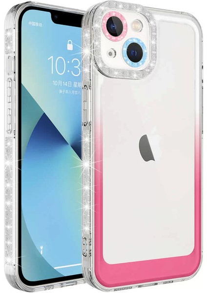Apple iPhone 13 Kılıf Simli ve Renk Geçiş Tasarımlı Lens Korumalı Park Kapak Beyaz-Pembe Telefon Kılıfı