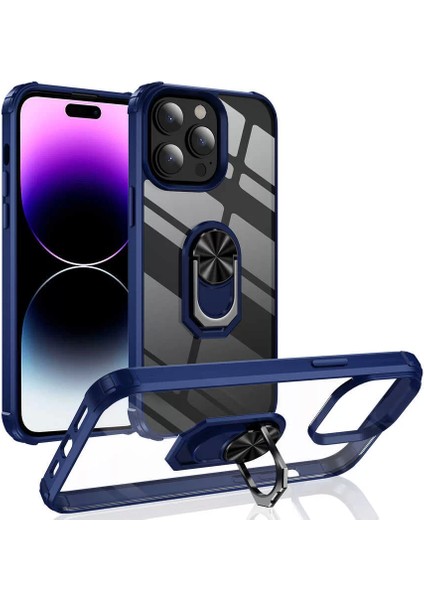 Apple iPhone 14 Pro Kılıf Kenarlı Yüzüklü Manyetik Mola Kapak Lacivert Telefon Kılıfı