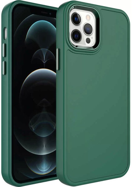 Apple iPhone 12 Pro Kılıf Metal Çerçeve ve Buton Tasarımlı Sert Botox Kapak Koyu Yeşil Telefon Kılıfı