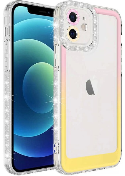 Apple iPhone 12 Kılıf Simli ve Renk Geçiş Tasarımlı Lens Korumalı Park Kapak Pembe-Sarı Telefon Kılıfı