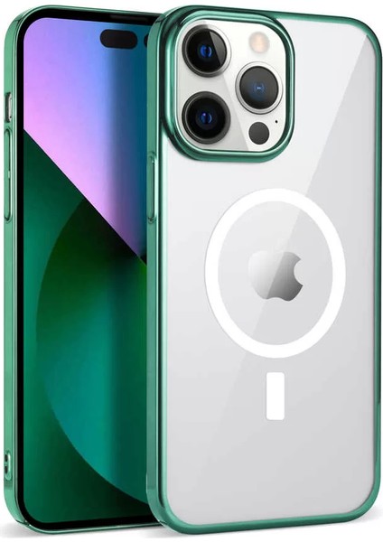 Apple iPhone 14 Pro Max Kılıf Wireless Şarj Özellikli Pixel Magsafe Kapak Koyu Yeşil Telefon Kılıfı