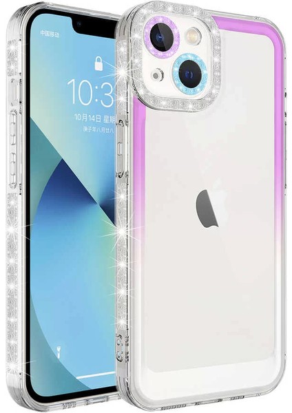 Apple iPhone 13 Kılıf Simli ve Renk Geçiş Tasarımlı Lens Korumalı Park Kapak Mor-Beyaz Telefon Kılıfı