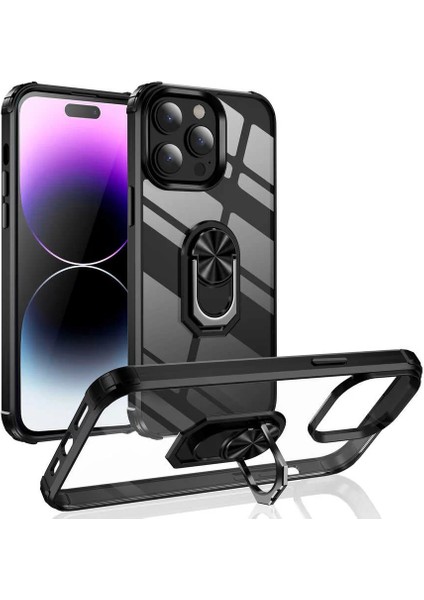 Apple iPhone 14 Pro Kılıf Kenarlı Yüzüklü Manyetik Mola Kapak Siyah Telefon Kılıfı