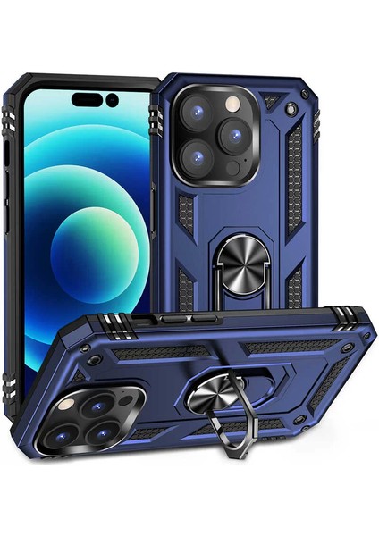 Apple iPhone 14 Pro Kılıf Vega Yüzük Standlı Military Armor Ring Zırh Kapak Mavi Telefon Kılıfı