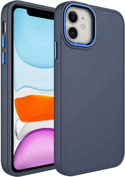 Apple iPhone 11 Kılıf Metal Çerçeve ve Buton Tasarımlı Silikon Luna Kapak Petrol Mavi Telefon Kılıfı