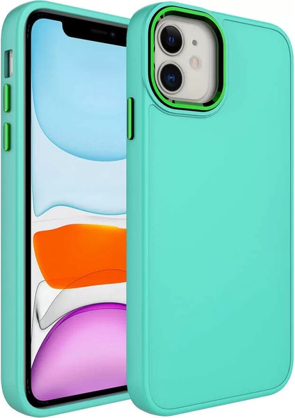Apple iPhone 11 Kılıf Metal Çerçeve ve Buton Tasarımlı Silikon Luna Kapak Turkuaz Telefon Kılıfı