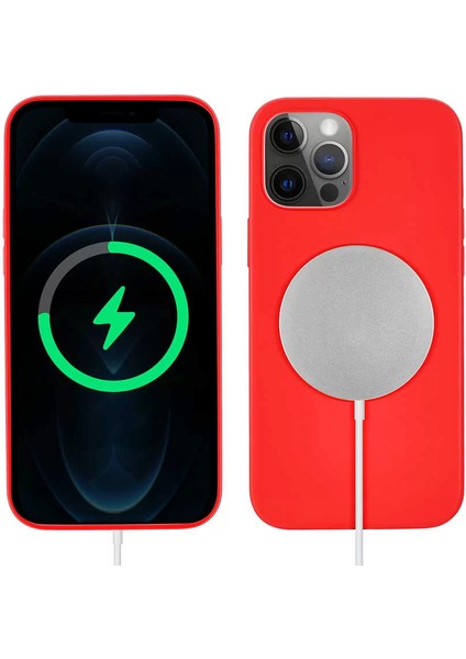 Apple iPhone 13 Pro Kılıf Silksafe Wireless Magsafe Kablosuz Şarj Destekli Kapak Kırmızı Telefon Kılıfı