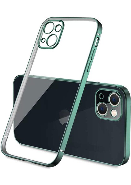 Apple iPhone 13 Kılıf Gbox Silikon Kapak Ince Mat Arka Yüzey Elektroplatin Koyu Yeşil Telefon Kılıfı