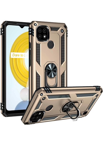 Realme C21 Kılıf Vega Yüzük Standlı Military Armor Ring Zırh Kapak Gold Telefon Kılıfı