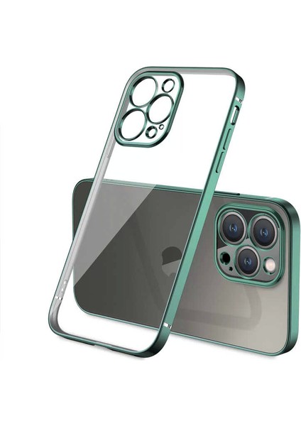 Apple iPhone 13 Pro Kılıf Gbox Silikon Kapak Ince Mat Arka Yüzey Elektroplatin Koyu Yeşil Telefon Kılıfı