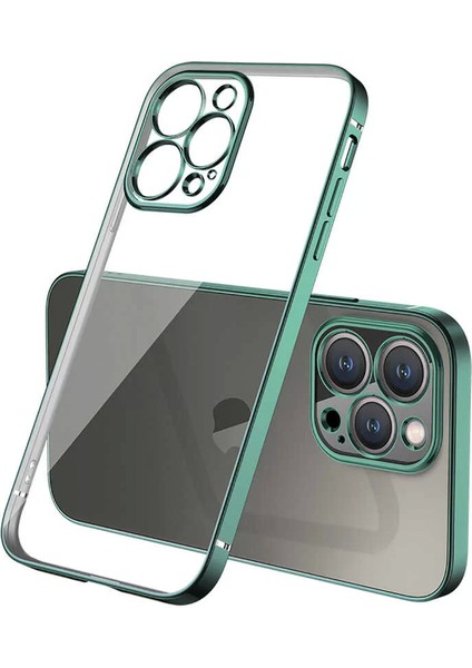 Apple iPhone 13 Pro Max Kılıf Gbox Silikon Kapak Ince Mat Arka Yüzey Elektroplatin Koyu Yeşil Telefon Kılıfı