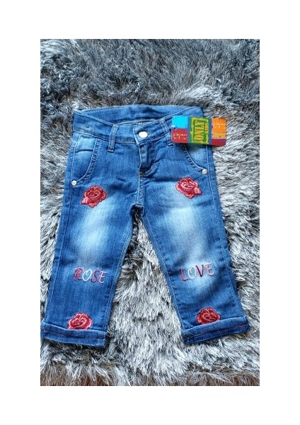 Kız Bebek Çocuk Nakışlı Kot Kapri Pantolon Rose Love