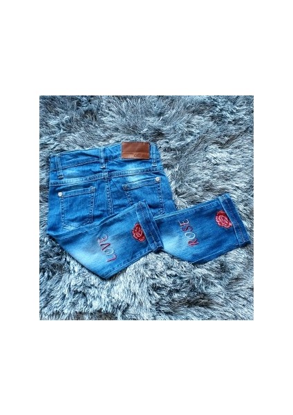 Kız Bebek Çocuk Nakışlı Kot Kapri Pantolon Rose Love modelleri