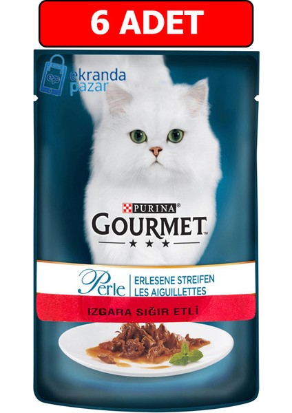 Gourmet Perle Izgara Sığır Etli Yaş Kedi Maması 85 gr x 6 Adet Konserve Pouch