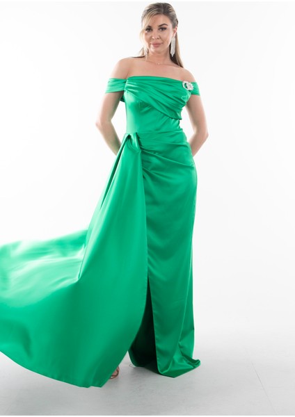 Benetton Drape Detaylı Beden Parçalı Yırtmaçlı Saten Abiye Elbise 1302007.43510