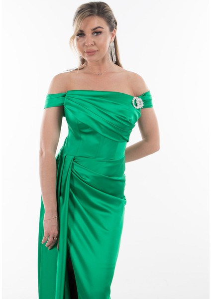 Benetton Drape Detaylı Beden Parçalı Yırtmaçlı Saten Abiye Elbise 1302007.43510