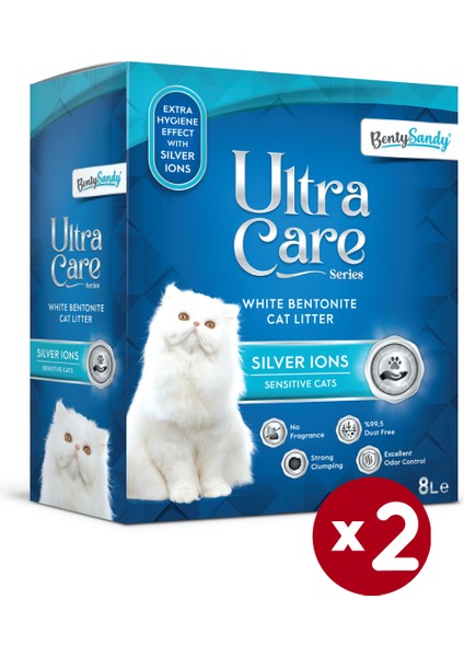 Ultra Care Series Hassas Kediler İçin Gümüş İyonlu Topaklanan İnce Taneli Kedi Kumu 8lx2