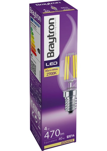 BA35-00410-BRAYTRON 4W 2700K Sarı Işık E14 Kıvrık Mum LED Rustik Ampul 5'li Paket