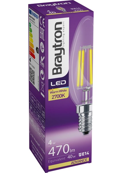 BA36-00410-BRAYTRON 4W 2700K Sarı Işık E14 Mum LED Rustik Ampul 5 Li Paket