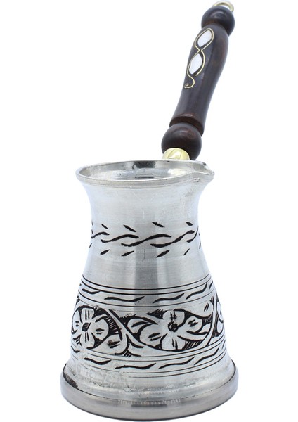 Çiçek El Işlemeli Uzun Bakır Cezve Indüksiyon Ocak Uyumlu Antik Gümüş Küçük Boy