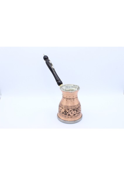 Çiçek El Işlemeli Uzun Eskitme Bakır Cezve Indüksiyon Ocak Uyumlu Orta Boy