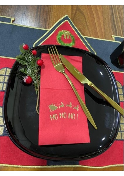 Gold Kırmızı Cepli Touch Yılbaşı Ho Ho Ho Yazılı Peçete 12 Adet 40X40