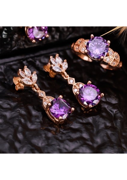 931 Ayar Gümüş Ametist Taşlı Lotus Motif Küpe-Yüzük Set