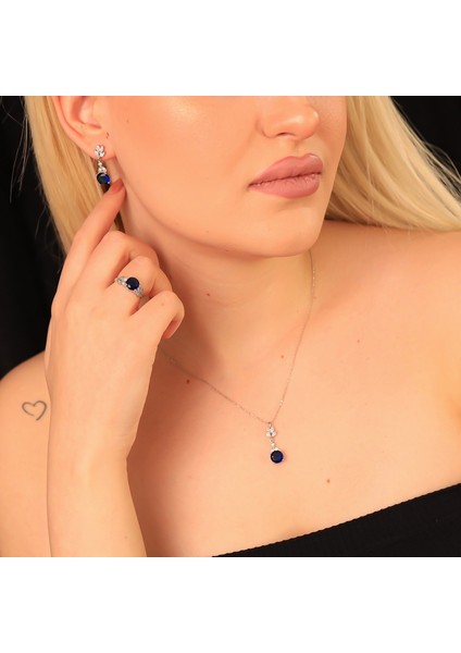 927 Ayar Gümüş Safir Zirkon Taşlı Lotus Motifli Set fiyatları