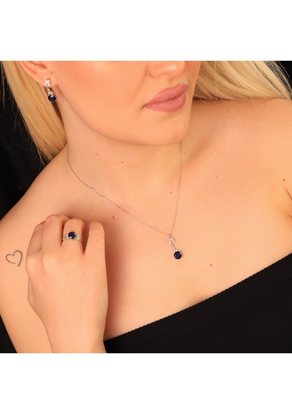 927 Ayar Gümüş Safir Zirkon Taşlı Lotus Motifli Set modelleri
