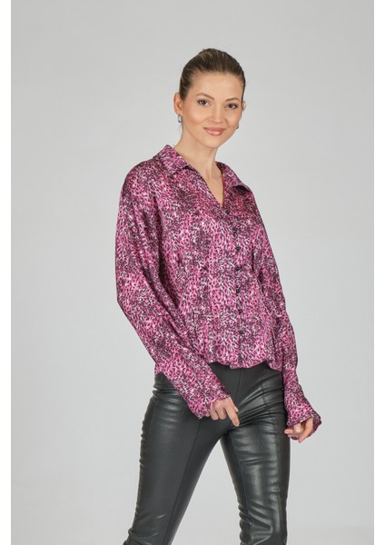 Oversize Leopar Desenli Uzun Kol Minimalist Kadın Bluz - Günlük & Parti fırsatları