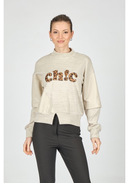 Minimalist Leopar Desenli Oversize Uzun Kol Crop Kadın Bluz