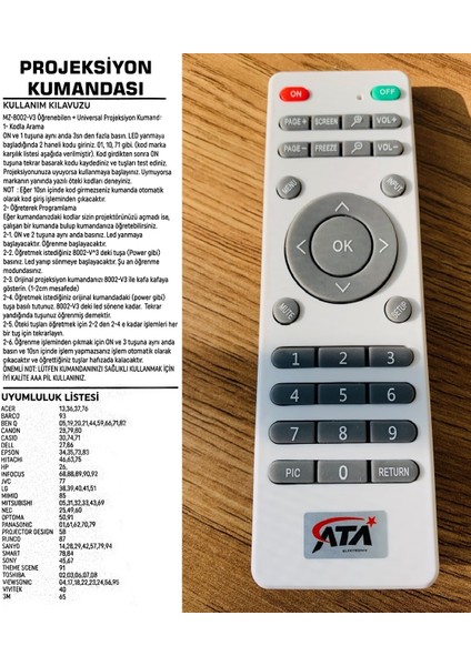 Benq Lg Canon Casio Epson Infocus Sony Nec Jvc Acer Hp Dell Optoma Projeksiyonlar Için Öğrenebilen Akıllı Kumanda Öğrenebilen Tüm Markalara Uyumlu fiyatları