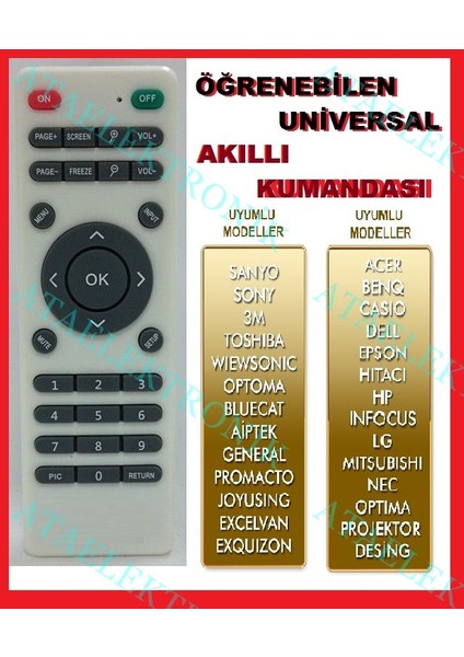 Benq Lg Canon Casio Epson Infocus Sony Nec Jvc Acer Hp Dell Optoma Projeksiyonlar Için Öğrenebilen Akıllı Kumanda Öğrenebilen Tüm Markalara Uyumlu fırsatları