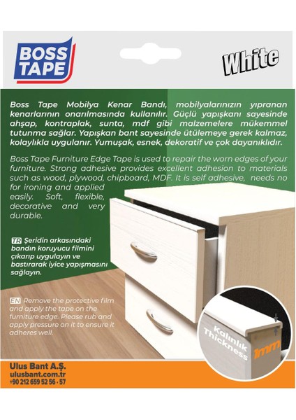 Boss Tape Yapışkanlı Beyaz Masa Mobilya Kenar Bandı 5 metre