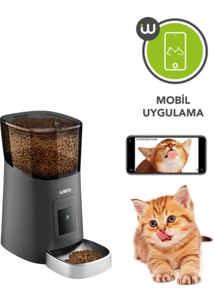 1080P Ayarlanabilir Kamera, 6 Lt, Wifi Kontrol Kedi/köpek Besleyici, Pet Feeder, Metal Kase,siyah