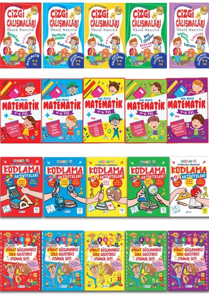 4-6 Yaş 20 Kitap Dikkat Geliştirici Matematik Kodlama ve Çizgi Çalışmaları Seti