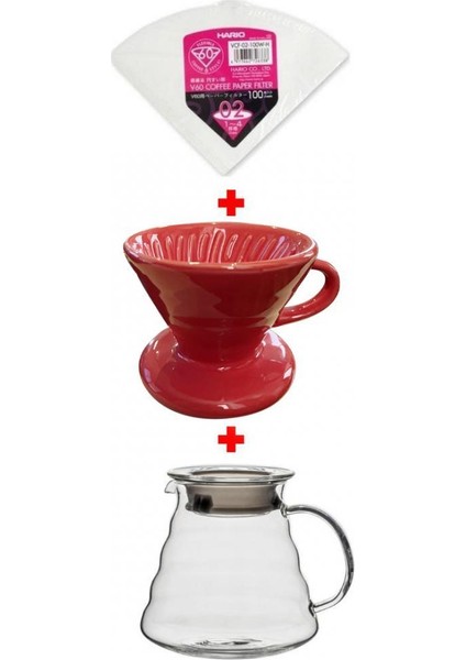 V60 No: 2 Porselen Dripper Kırmızı + Cam Kahve Servis Potu 600 mm + Hario V60 No: 2 Filtre Kağıdı 100'LÜ Paket