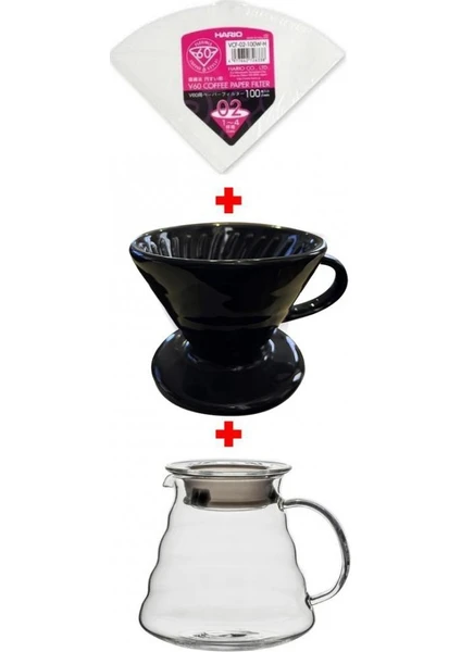 V60 No: 2 Porselen Dripper Siyah + Cam Kahve Servis Potu 600 mm + Hario V60 No: 2 Filtre Kağıdı 100'LÜ Paket