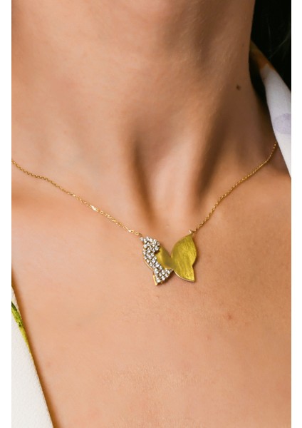 Kelebekli Taş Detaylı Çıtır Kolye 14 Ayar A018976