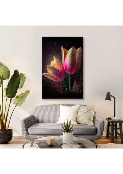 Pembe Lale Gold Detaylı Altın Pırıltılar Lüks Dekoratif Kanvas Tablo