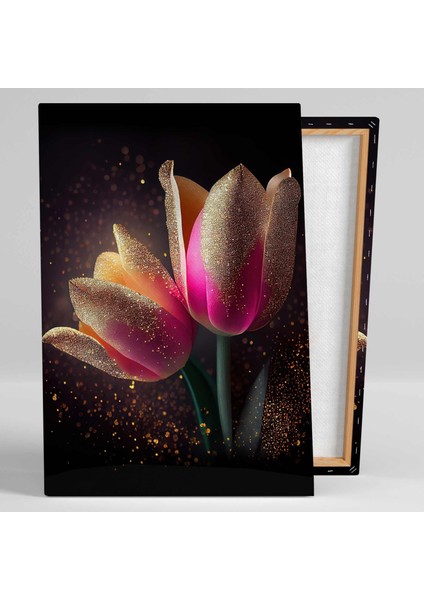 Pembe Lale Gold Detaylı Altın Pırıltılar Lüks Dekoratif Kanvas Tablo fiyatları