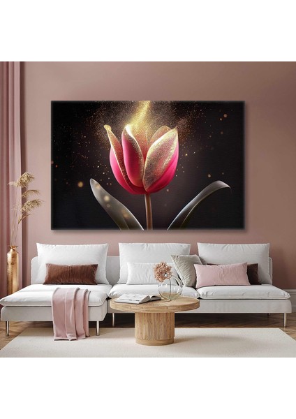 Gold Detaylı Pembe Lale Altın Pırıltılar Lüks Dekoratif Kanvas Tablo